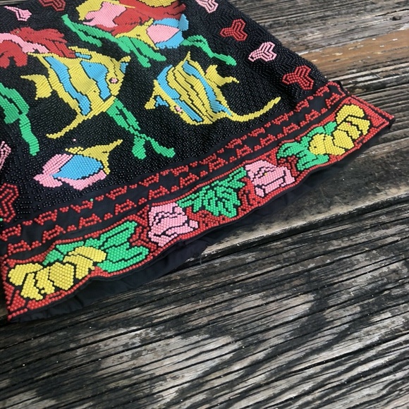 Corde Beaded Bag Drawstring Satchel Fish Ocean Black Green Yellow Vintage 80s - Picture 4 of 8